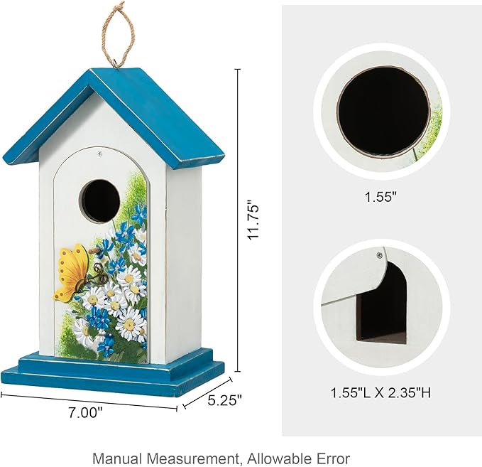 Glitzhome Bird Houses for Outside, 11.75" H Distressed Solid Wood Birdhouses Hummingbird House Daisy with Butterfly Garden Hanging Bird House for Outdoors