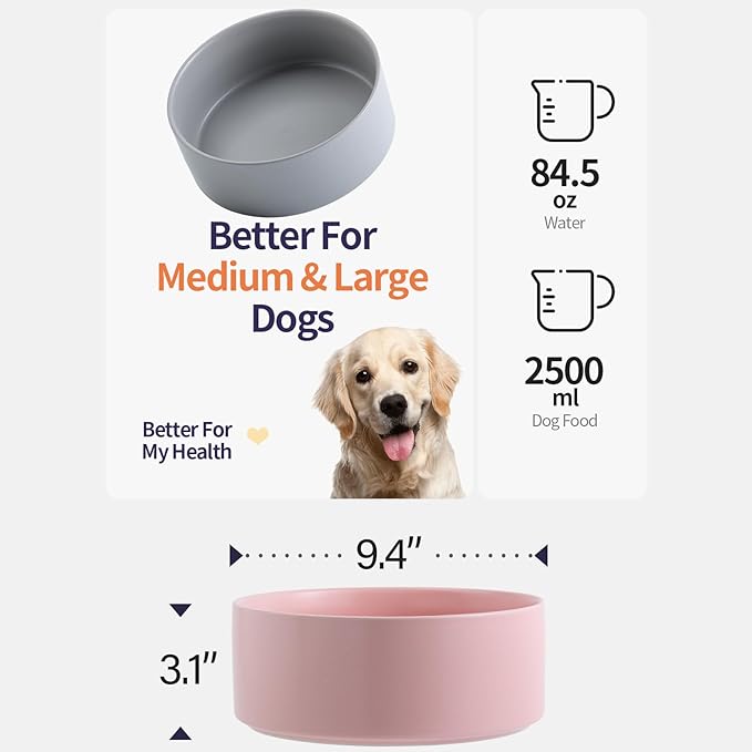 9.5in Pink Ceramic Dog Bowl for Large Huge Sized Dogs,Extra Large Non-Slip Weighted Dog Food Water Dish,Dubale Big Heavy Dog Bowl(2400ml)