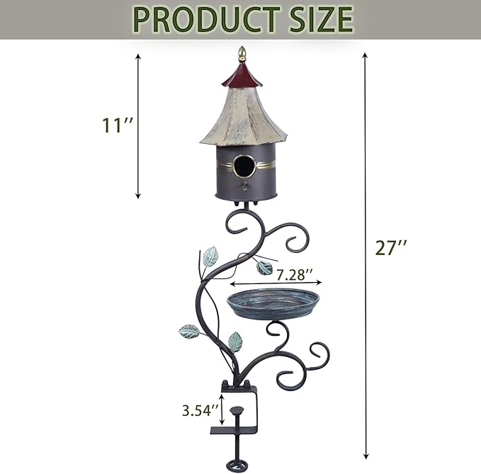Deck Bird Bath, Metal Bird Bath and Bird Houses, Decorative Deck Mounted Bird Bath, Detachable and Adjustable Sturdy Deck Bird Bath for Outdoor Porch Yard Garden Decoration