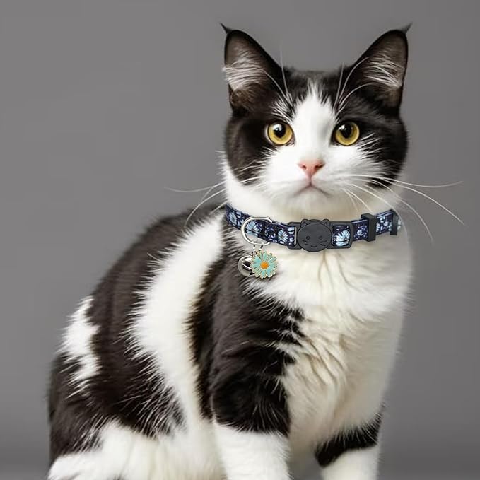 Cat Collar Breakaway, 2 Pack Cotton Cats Collars with Bells, Cute Flowers Shaped for Girl Boy Kittens, Purple and Blue