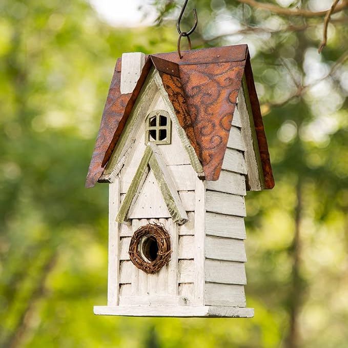 Glitzhome 12" H Washed White Distressed Solid Wood Cottage Birdhouse Hanging Bird House for Outdoors