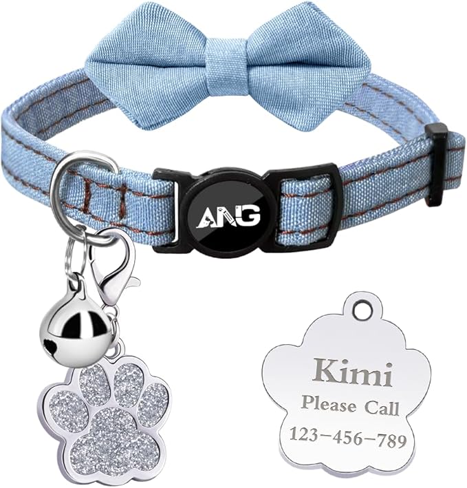 Personalized Breakaway Cat Collars - ID Tag, Bell, Bowtie - Safety Quick-Release, Customized for Girls & Boys Cats (Jean Pattern-Light Blue)
