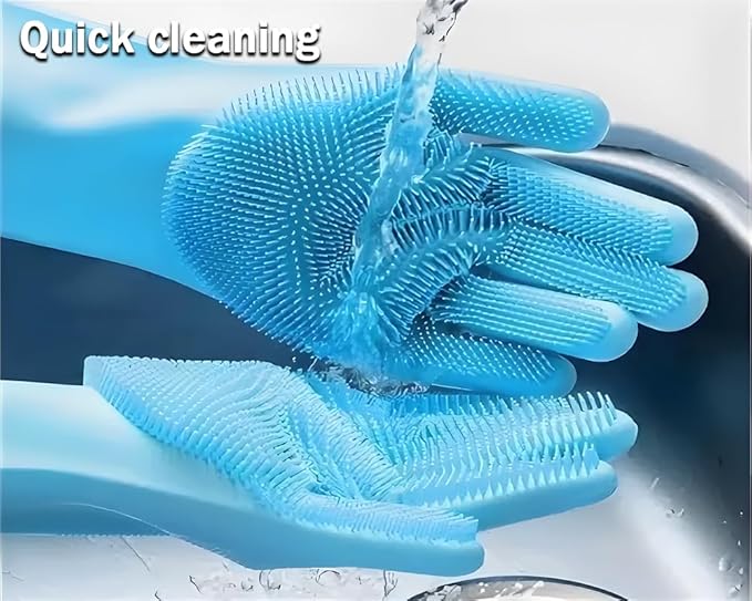 1 pairs Silicone Dishwashing & Pet Grooming Gloves - 2-in-1 Heat Resistant Gloves with High-Density Teeth, Enhanced Five Finger Design for Bathing, Cleaning Dishes, Cars, Dogs & Cats (Blue)