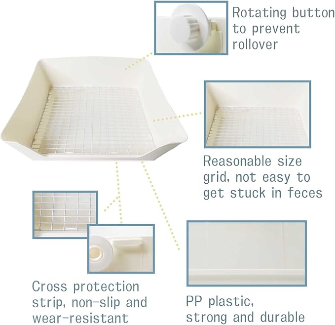 Fhiny Large Rabbit Litter Box for Cage, Plastic Guinea Pig Ltter Pan with 6 PCS Disposable Pee Pads Potty Trainer Corner Toilet Box for Bunny Guinea Pigs Ferrets Chinchillas Small Animals (White)