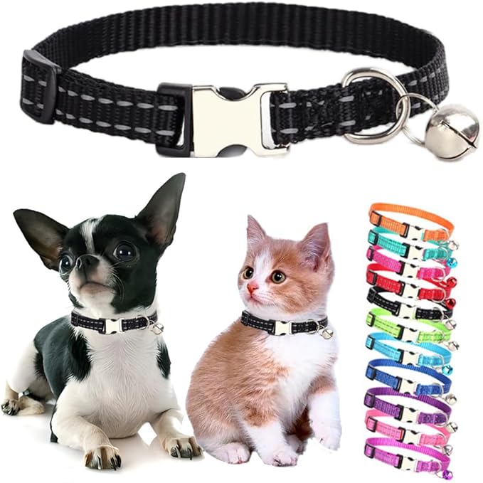 Black Puppy Collar with Bell, Reflective Nylon XS Cat Collars Soft Adjustable Buckle for XXS XSmall Small Puppy Female Tiny Pets Dogs Boy Girl Kitten Yorkie Chihuahua X-Small