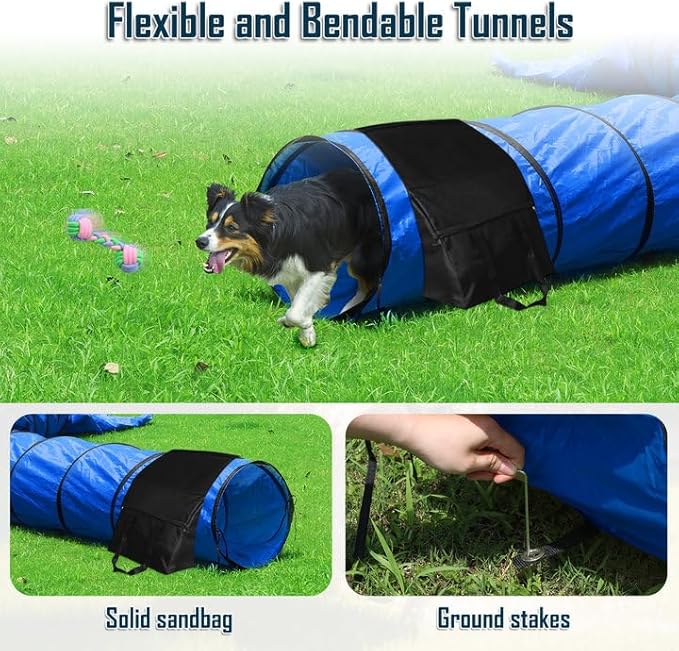 Dog Agility Course Backyard Set, Dog Agility Equipment, Portable Agility Training Equipment for Dogs, Build Dog Obstacle Course Backyard with 2 Tunnels, 3 Jumps, 6 Weave Poles & More, Dog Training Kit