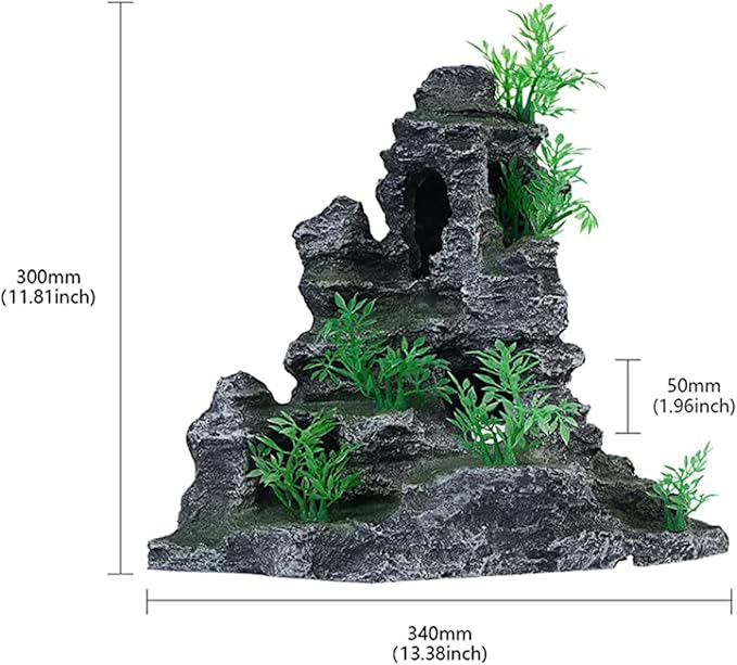 AnRui Aquarium Mountain View Rock Landscaping Decorations Fish Tank Resin Rock Hiding Cave Ornaments with Small Plant