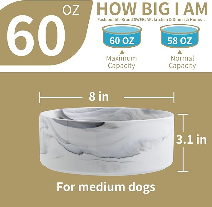 8 in Dog Bowl Ceramic for Medium Large Sized Breed,Retrievers,7.6 Cups Non Slip Heavy Weighted Dog Food Water Dish,Durable Big Pet Bowl Marble Grey