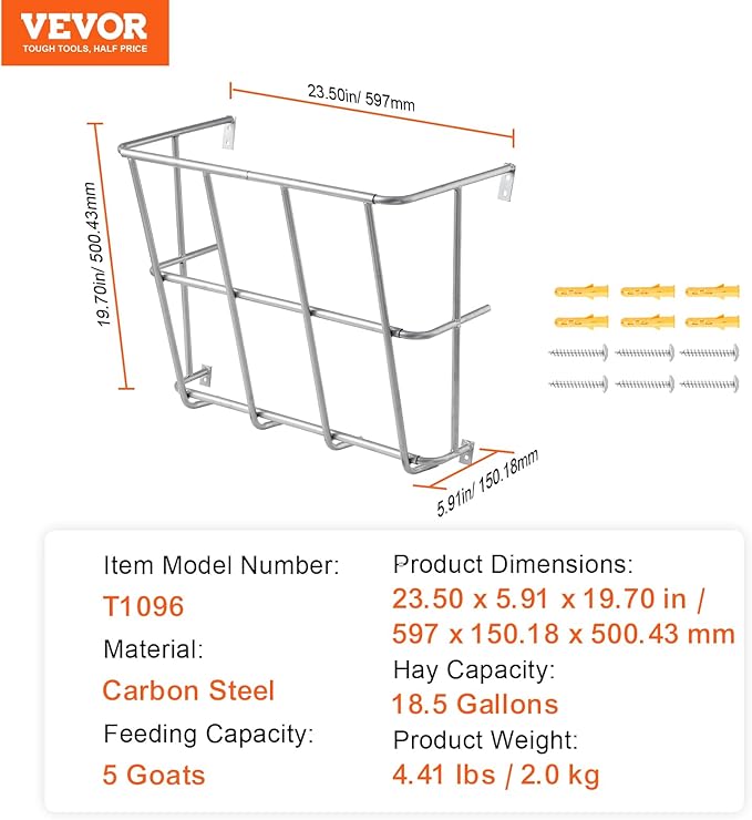 VEVOR Livestock Feeder, 18.5 Gallons Large Capacity, Heavy-Duty Steel Goat Hay Rack, 24.4" Long Wall Mounted Horse Hay Holder, Multiple Sided Feeding Rack for Sheep Farm Livestock Indoor Outdoor