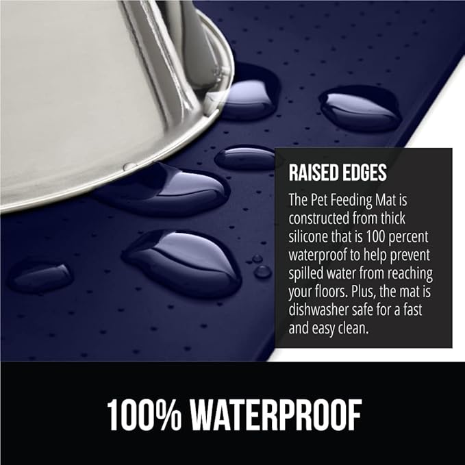 GORILLA GRIP 100% Waterproof Raised Edge BPA Free Silicone Pet Feeding Mat, Dog Cat Food Mats Contain Spills Protects Floors, Placemats for Cats and Dogs Water Bowl, Pets Accessories 16x10, Navy