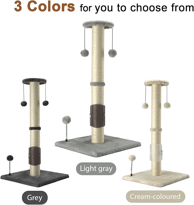 PEEKAB 32" Tall Cat Scratching Post Sisal Scratch Posts with Hanging Ball and Self-Massage Brush Vertical Scratcher for Indoor Cats and Kittens Light-Gray 32inches