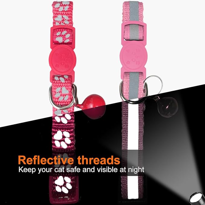TagME 2 Pack Cat Collar with Name Tag, Personalized Reflective Cat Collar Breakaway with Bell for Boy & Girl Cats, Pink