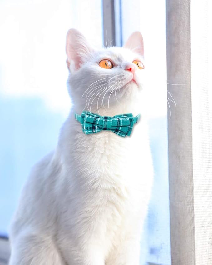 Joytale Upgraded Cat Collar with Bells, Breakaway Cat Collars with Bow Tie, 2 Pack Girl Boy Safety Plaid Kitten Collars, Pink+Teal