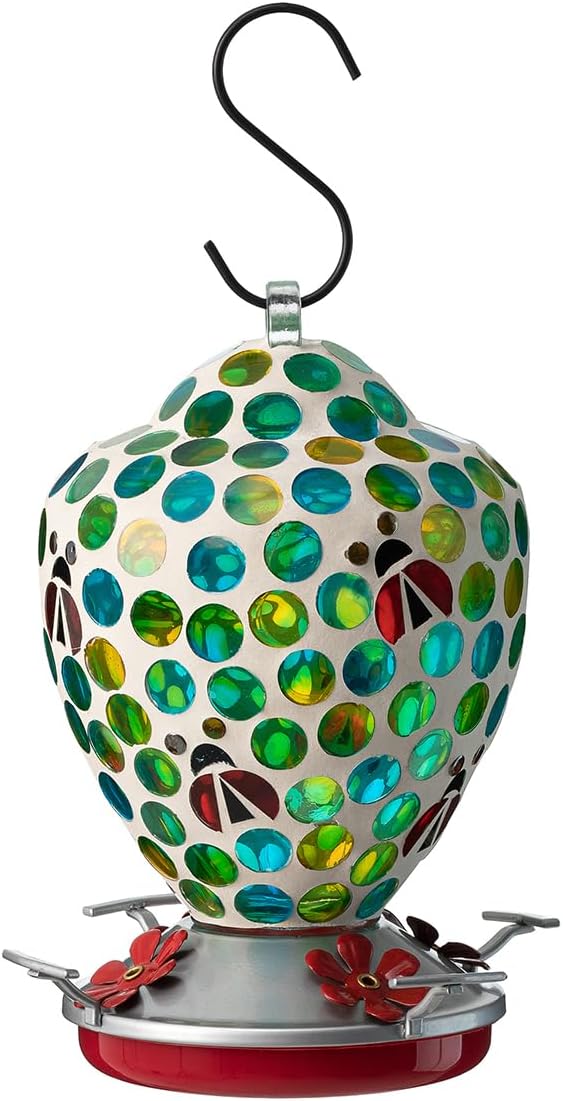 Glitzhome Wild Bird Feeder, 8.25" H Glass Hanging Blue/Green Dots & Ladybugs Mosaic Birdfeeder for Garden, Yard, Backyard, Deck and Porch Decorations