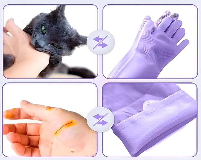 1 pairs Silicone Dishwashing & Pet Grooming Gloves - 2-in-1 Heat Resistant Gloves with High-Density Teeth, Enhanced Five Finger Design for Bathing, Cleaning Dishes, Cars, Dogs & Cats(Purple)