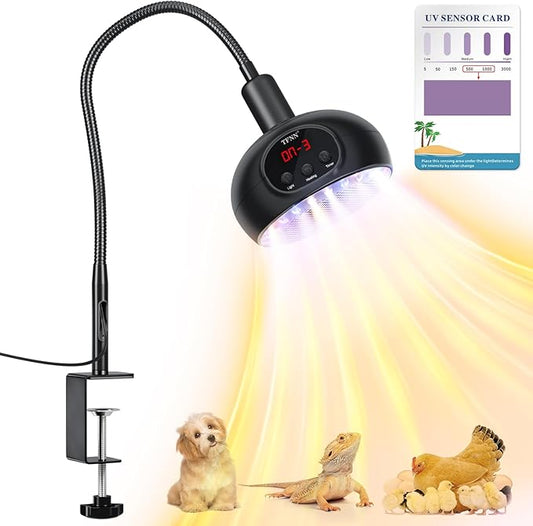 Heat Lamp for Chickens with Holder,200W-350W-500W Reptile Heating Lamp with UVA UVB Ligh 3-6-9-12H Timer, Protable Greenhouse Heater for Outdoor Chicken Coop Indoor Reptile Rabbits Dog Cats