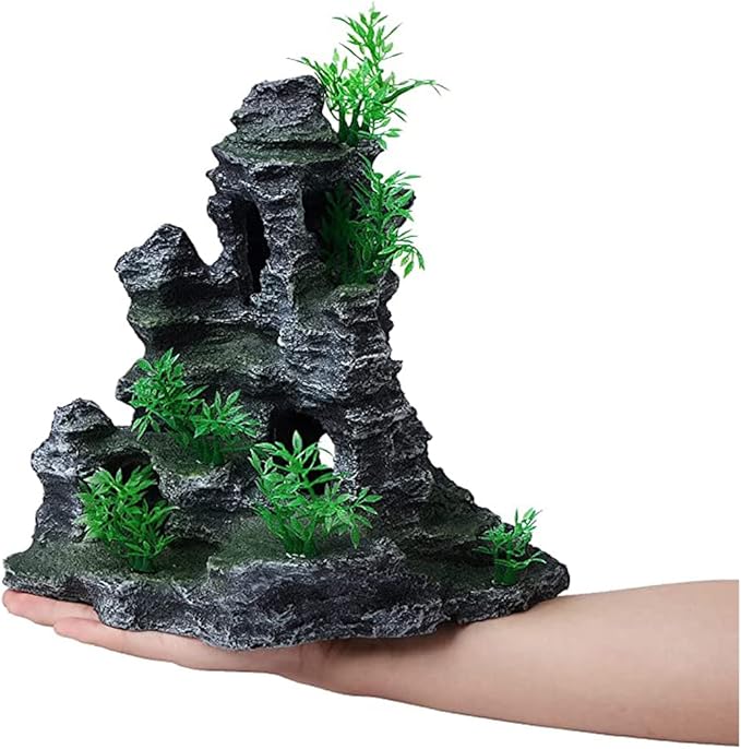 AnRui Aquarium Mountain View Rock Landscaping Decorations Fish Tank Resin Rock Hiding Cave Ornaments with Small Plant