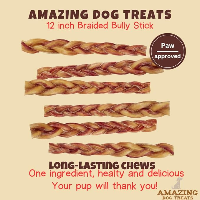 Amazing Dog Treats 12" Braided Bully Stick (5 Pcs/Pack) Bully Stick for Dogs - Made from Premium Grass Fed Beef