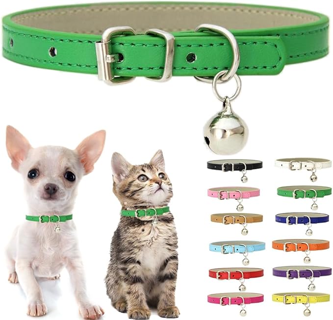 Green XXS Dog Collar with Bell, Soft Pu Leather Cat Collars Adjustable Buckle for XS Extra Small Medium Tiny Female Male Boys Girls Pets Puppy Kitten Teacup Yorkie XX-Small