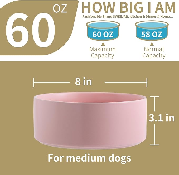 Pink 8 in Dog Bowl Ceramic for Medium Large Sized Breed,Retrievers,7.6 Cups Non Slip Heavy Weighted Dog Food Water Dish,Modern Big Pet Bowl Large