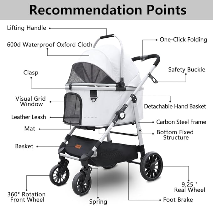 Dog Cat Stroller, Foldable 4 Wheels Dog Stroller for Small Medium Dogs 20 lbs,Pet Strollers for Large Dogs 50lbs, Stable Anti-Shock Detachble Carrier,with 360°Swiveling Front Wheel forTravel
