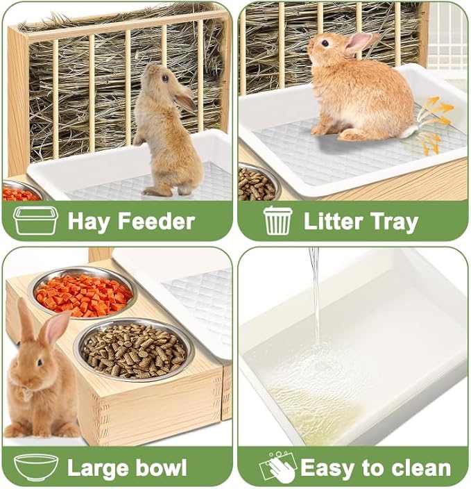 Rabbit Litter Box Bunny Litter Box Hay Feeder Rabbit, 3 in 1 Wooden Hay Feeder with 2 Bowls & Toilet for Guinea Pig, Bunny, Hamster, Chinchillas Other Small Animals, Large Capacity & Preventing Waste