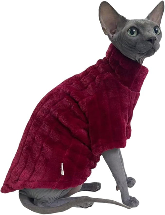 Turtleneck Sweater for Sphynx Cat Soft Coral Fleece Cat Clothes Thick Winter Warm Outfit Coat for Hairless Cats and Small Dogs Apparel with Sleeves (Wine, S (3-5 lbs))