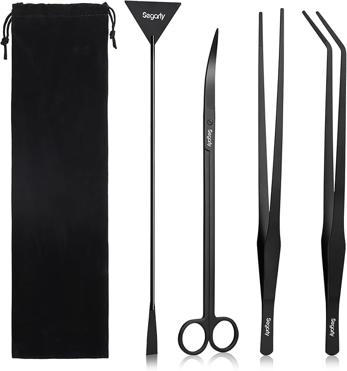 Segarty Longer Aquarium Aquascaping Tools, 4 in 1 Stainless Steel Black Aquarium Tools Kit for Aquatic Plant Fish Tank, Long Scraper Spatula Feeding Tweezers Curved Scissors Anti Rust Aquascape Set