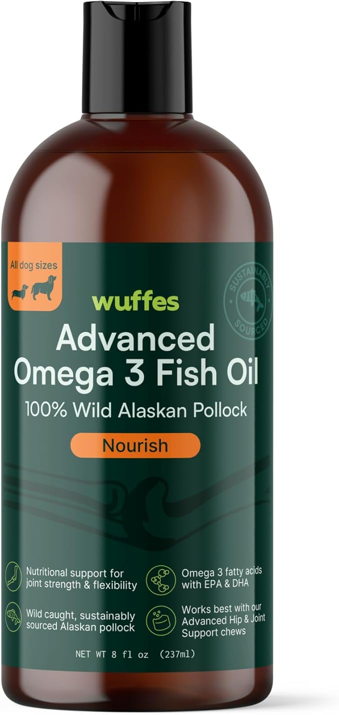 Wuffes Advanced Omega 3 Fish Oil for Dogs, Natural EPA & DHA Fatty Acids, Supports Healthy Skin and Coat, Joint Nutrition, Digestion & Immune System - 100% Pure Wild Alaskan Fish Oil - 8 Oz