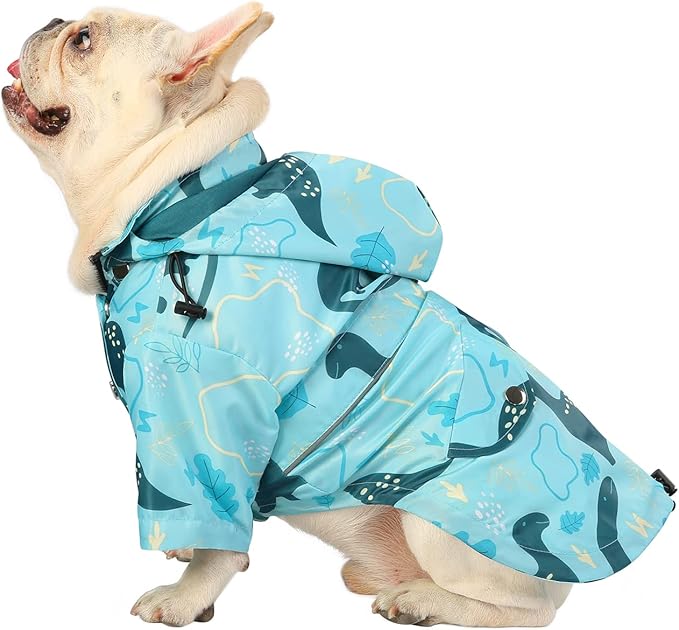 HDE Dog Raincoat Poncho Double Layer Zip Rain Jacket with Removable Hood, Leash Hole for Small to 3XL Dogs and Puppies Dinosaurs - L