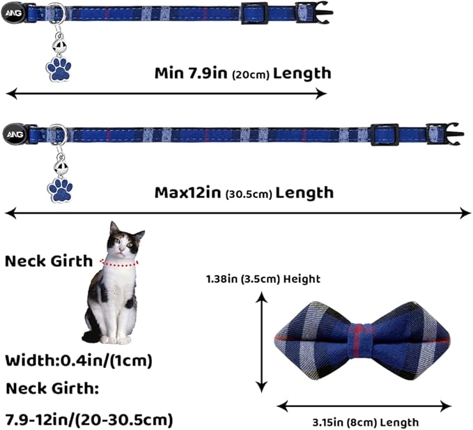 Personalized Breakaway Cat Collars - ID Tag, Bell, Bowtie - Safety Quick-Release, Customized for Girls & Boys Cats (British Tartan-Blue)