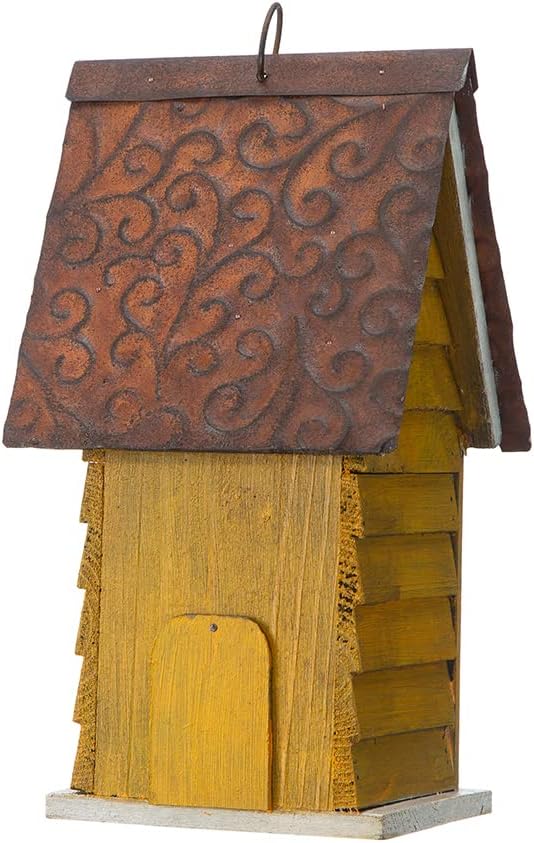 Glitzhome 12" H Yellow Distressed Solid Wood Cottage Birdhouse Hanging Bird House for Outdoors