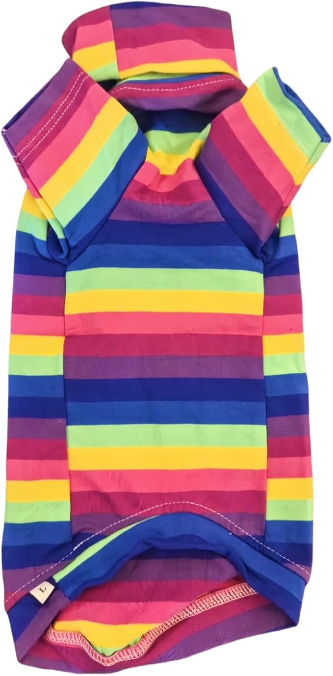 Vintage Stripes Sphynx Hairless Cats Shirt Cotton Cat Turtleneck Pet Clothes Kitten T-Shirts with Sleeves for Sphynx Cornish Rex, Devon Rex, Peterbald (Rainbow Stripe, X-Large (Pack of 1))