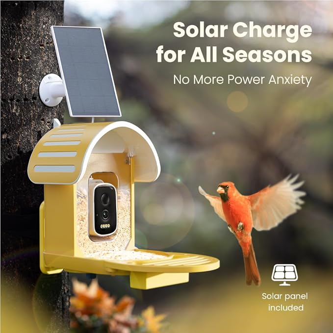 Smart Bird Feeder with Camera, 2.5K UHD Bird Feeder Camera Solar Powerd, Sensitive AI Bird Identification, Instant Alerts Capture Bird Video, IP66 Bird Feeder for Outdoor, Ideal Gift, Yellow
