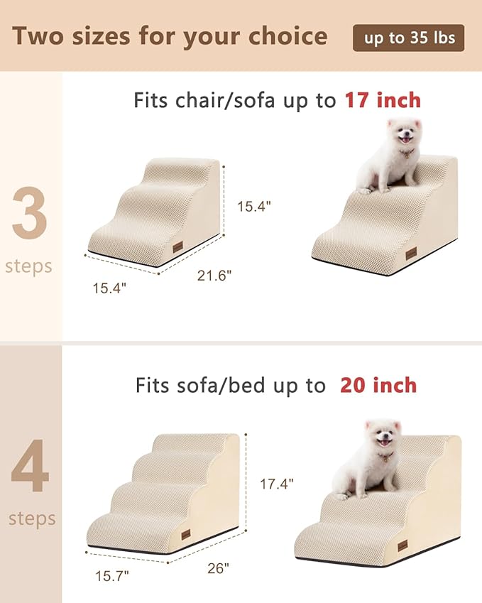 Dog Stairs Ramp for Bed and Couch,4 Step Dog Steps for Small Dogs,Pet Stairs with Non-Slip Bottom for Old Cats,Indoor Pet Steps,Comfort,Durable,17.4" H,Beige