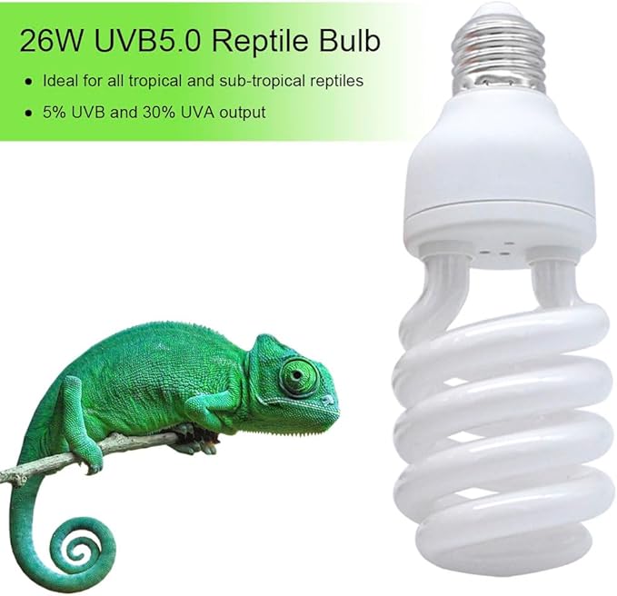 UVB Light Bulb for Reptiles, 26W 5.0 UVA UVB Heat Lamp Bulbs Ideal for Rainforest Reptiles, Bearded Dragons Lizard Turtle Tortoise Iguanas Chameleons Snake (1 Pack)