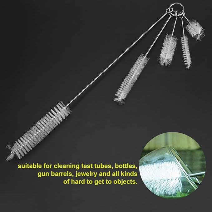 FDIT 5 Pcs Stainless Steel White Aquarium Cleaning Brush,Fish Tube Washing Brush Cleaner Clean Tool Set