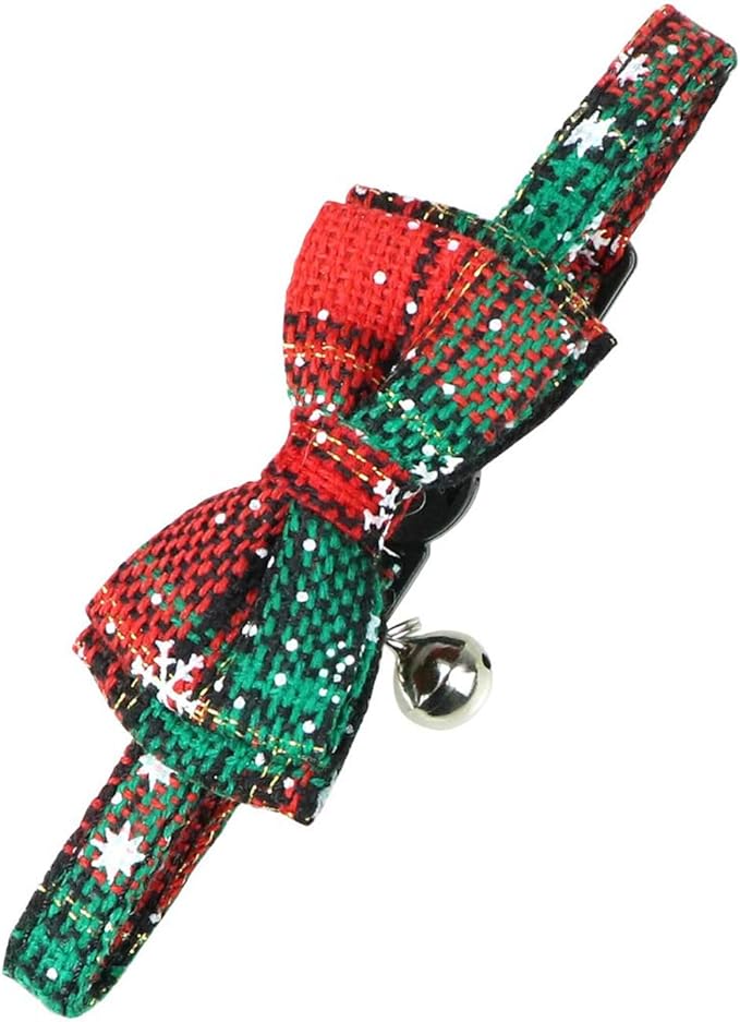 Joytale Upgraded Christmas Cat Collar with Bells, Breakaway Cat Collars with Bow Tie, 1 Pack Girl Boy Safety Plaid Kitten Collars, Christmas Green