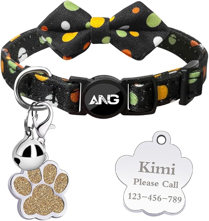 Personalized Breakaway Cat Collars - ID Tag, Bell, Bowtie - Safety Quick-Release, Customized for Girls & Boys Cats (Polka dot-Black)