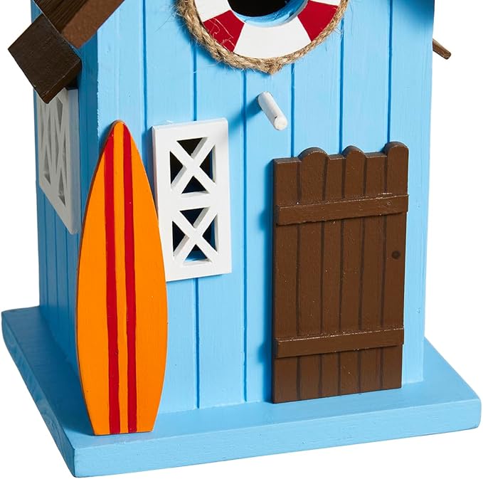 Glitzhome Bird Houses for Outside,10" H Modern Solid Wood Hand Painted Hanging Bird House Beach Hut Decorative Pet Cottage Outdoor Garden Birdhouse for Finch Bluebird Cardinals,Blue