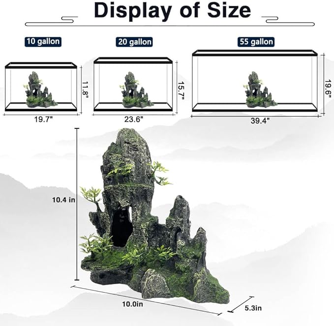 Aquarium Decorations Large and Tall Large Aquarium Decorations for Fish Tank Decorations Fish Tank Ornaments Mountain View Stone Ornament Tree Rock Cave Artificial Fish Tank Ornament, Black
