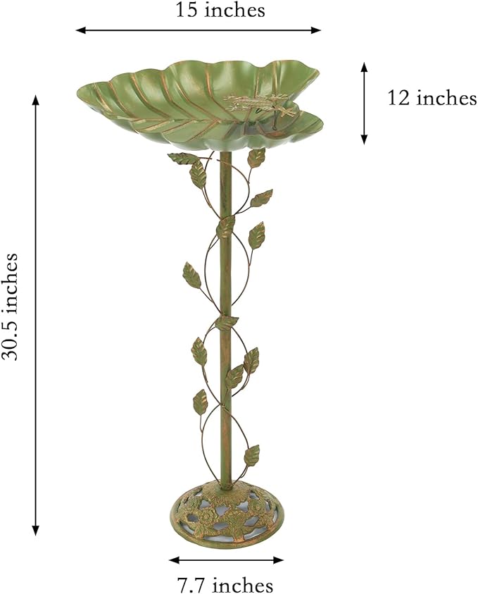 15" L*30.5" H Cast Iron Pedestal Bird Bath, Metal Bird Baths for Outdoors, Green Birdbath, Free Standing Bird Feeder Seed Tray Garden Yard Decor