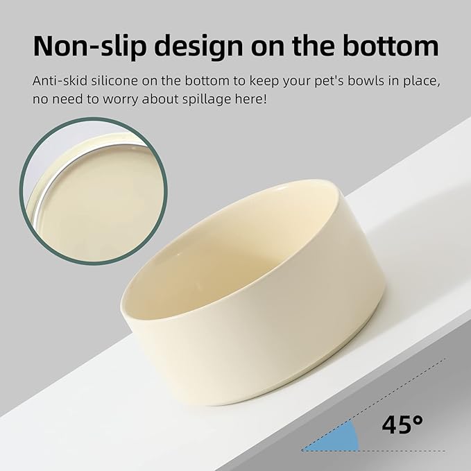 Ceramic 5.1inch Set of 2 Dog and Cat Bowls, 2pcs Anti-Slip Food and Water Feeder Dishes for Puppies, Kitties, Cats(2 Bowls, Beige)