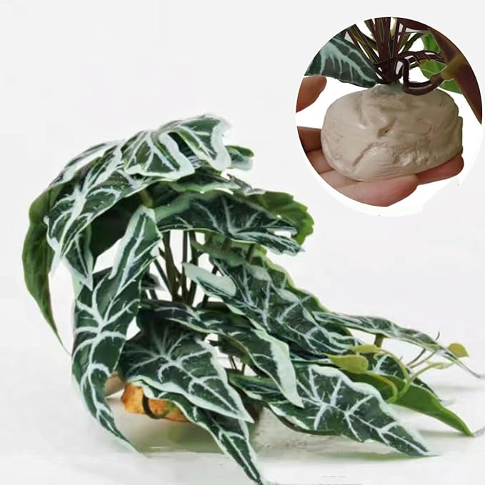 Reptile Plants,Terrarium Decor,Amphibian Habitat Decor,Artificial Plants for Gecko Chameleon Snake Tortoise Tank Accessories with Base(Alocasia)