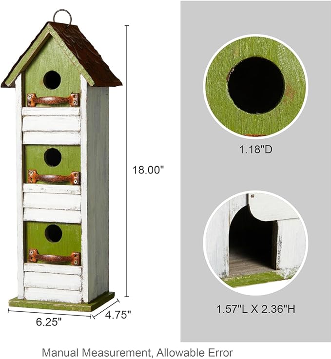 Glitzhome Bird Houses for Outside, Blue Bird Houses for Outdoors,18" H Distressed Outdoor Garden Wooden Birdhouse Decorative Hanging Bird House with Shutter Texture for Hummingbird,Sparrow,Wren Finch