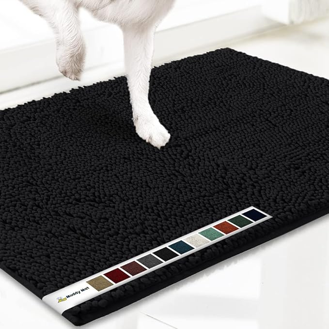 Muddy Mat® AS-SEEN-ON-TV Highly Absorbent Microfiber Door Mat and Pet Rug, Non Slip Thick Washable Area and Bath Mat Soft Chenille for Kitchen Bathroom Bedroom Indoor and Outdoor - Black Large 35"X24"