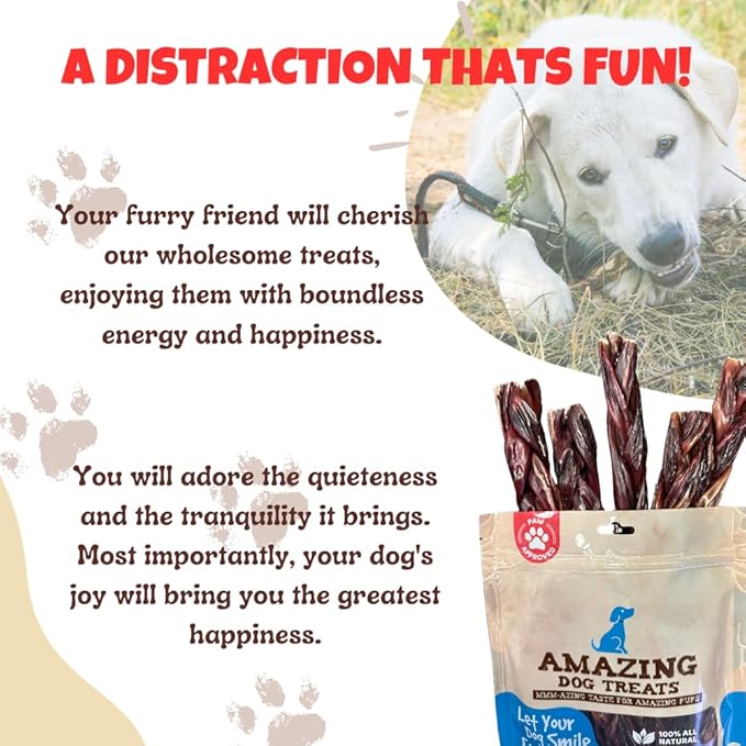 Amazing Dog Treats - 6 Inch Braided Gullet Stick (4 Pc/Pack) - Dog Jerky Treats - Beef Esophagus -Gullet for Dogs - Beef Esophagus Dog Treats