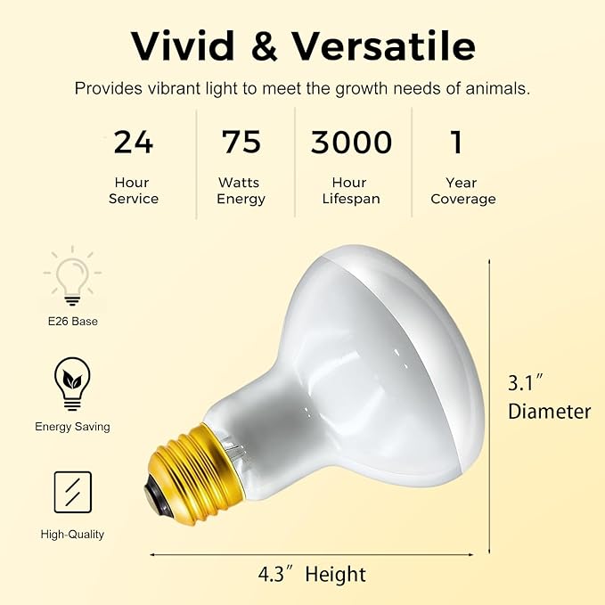 Reptile Heat Lamp 75W, 2 Pack Daylight UVA Basking Light Bulbs with E26 Base for Lizards, Turtles, Snakes and Amphibians