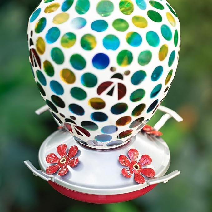 Glitzhome Wild Bird Feeder, 8.25" H Glass Hanging Blue/Green Dots & Ladybugs Mosaic Birdfeeder for Garden, Yard, Backyard, Deck and Porch Decorations