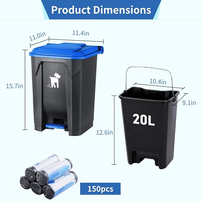 Outdoor Pet Waste Container - 20L with Removable Inner Bin, 150 Waste Bags for Small/Large Dog Families